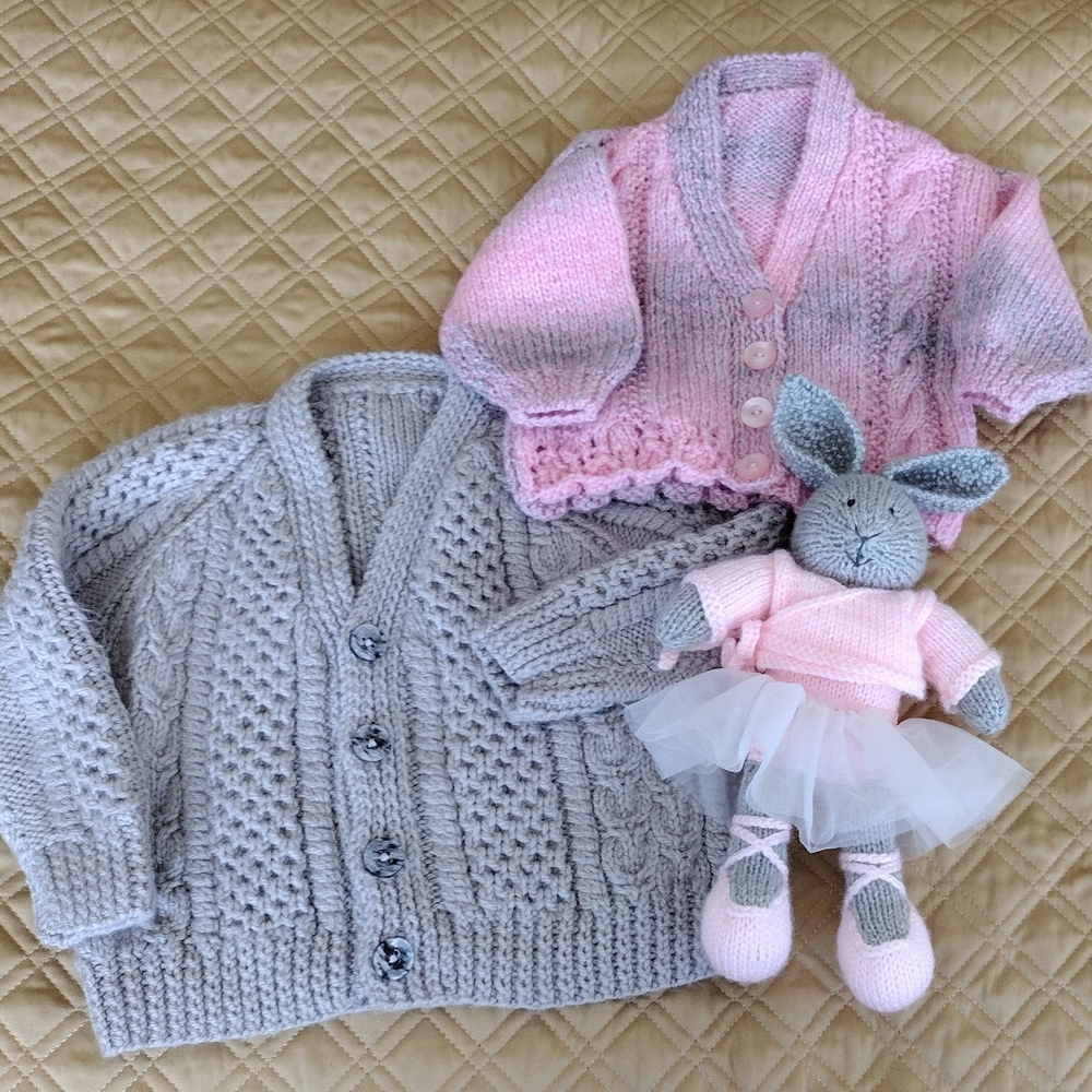 Lot of 2 Pink and Gray Knit Baby Cardigans with Bunny Toy